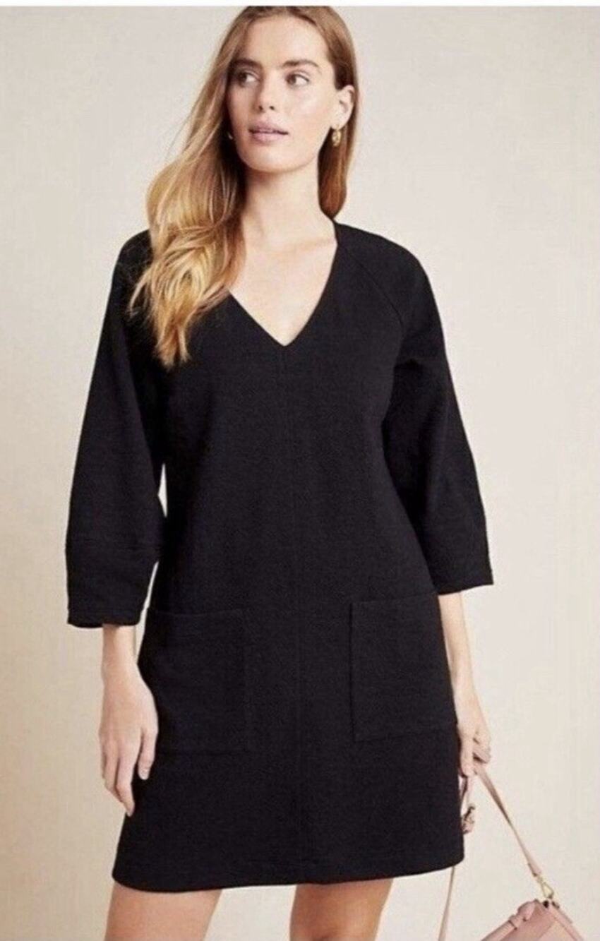 Anthropologie Maeve Black Tunic Shift Dress Black Sz L Minimalist Boxy Easy